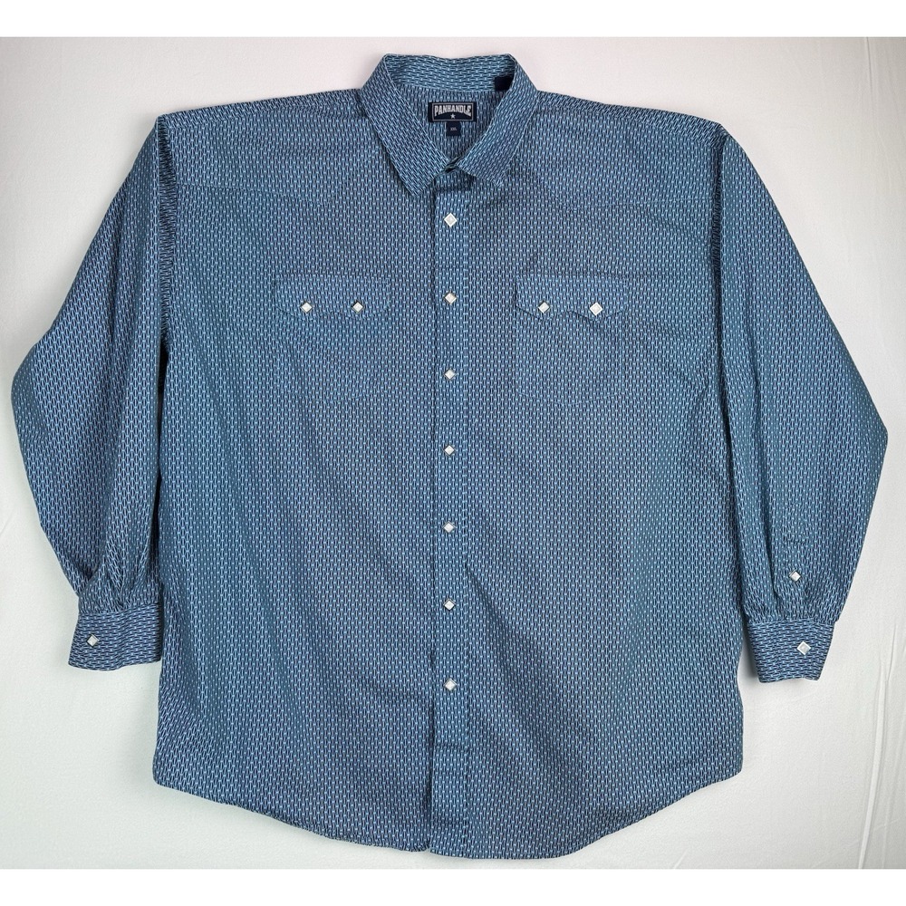 Panhandle‎ Slim 3XL Blue Geometric Western Pearl Snap Shirt Long Sleeve Cowboy